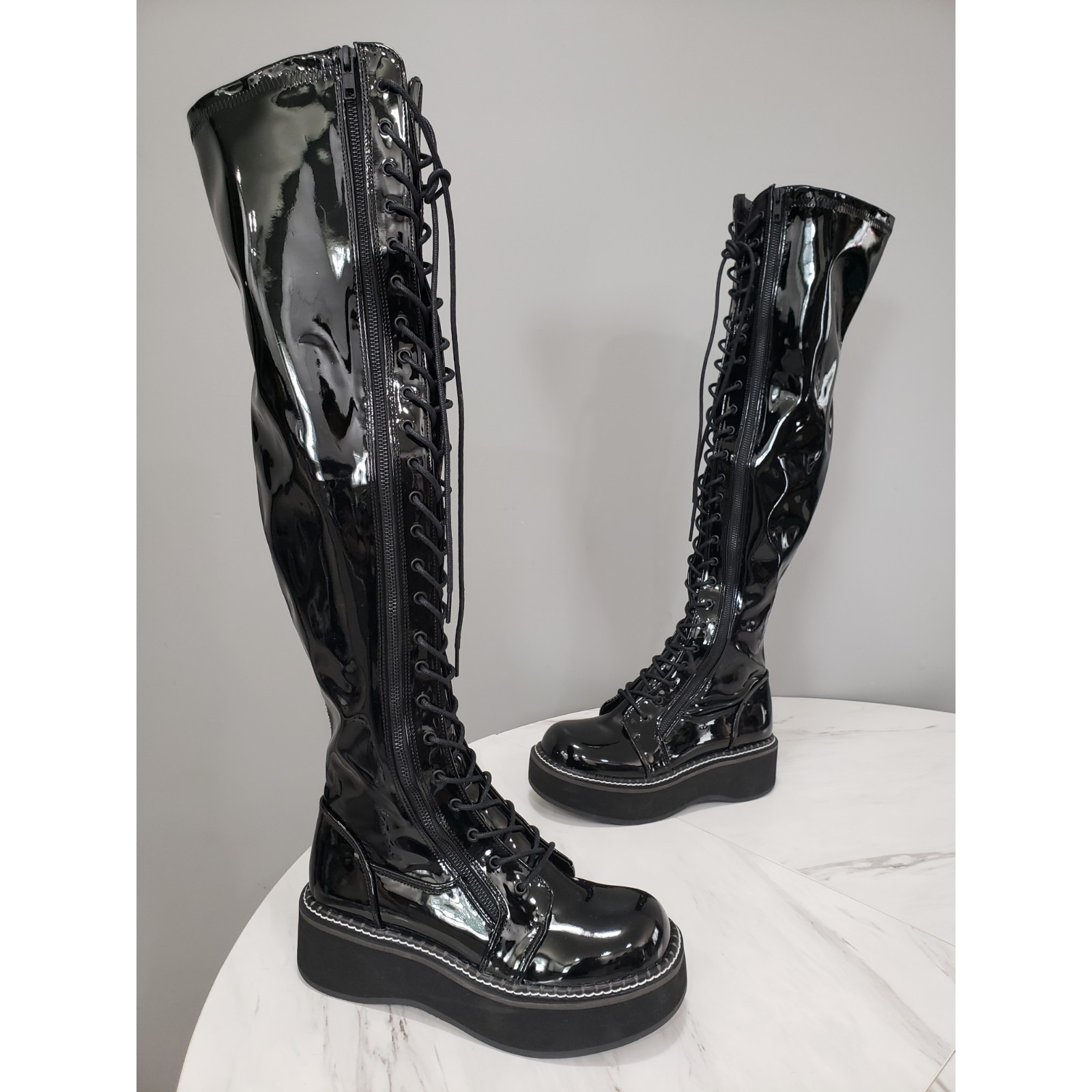 New No Box Demonia Emily 375 Platform Boots Patent Black Lace Up
